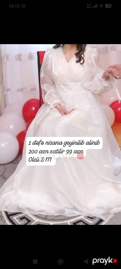 Ağ rəngli zərif gəlin/nişan paltarı. - Model: V-yaxa, beldən yığma — Bakı