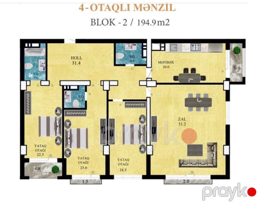 4-otaqlı yeni tikili, Azadlıq pr., 195 m² — Mənzil, Bakı (5)