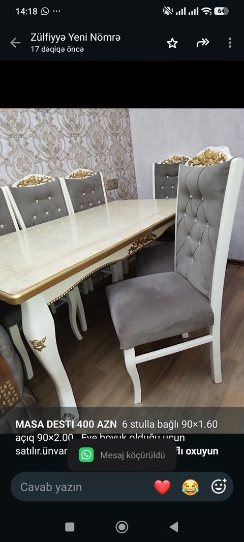 *Masa Destı 400 AZN* 6 stulla bağlı 90×1.60 açıq 90×2.00 Eve boyuk — Aişə Xanım — Masalar və stullar