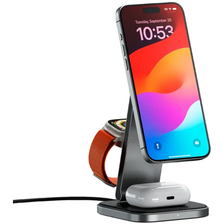 Enerji toplama cihazi Satechi 3-in-1 Foldable Qi2 Wireless charging stand Space Gray with Type A,C,G plugs — Mallar, Bakı (5)
