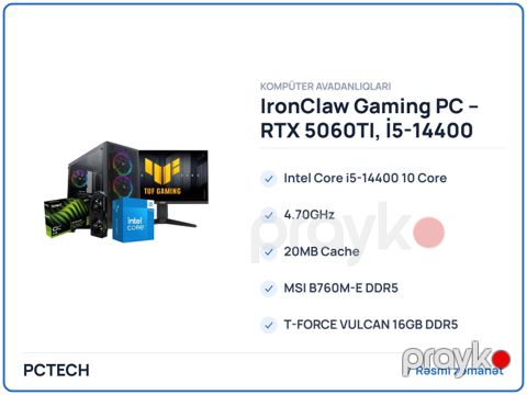 IronClaw Gaming PC - RTX 5060TI, İ5-14400 — Pctech — Kompüterlər və noutbuklar
