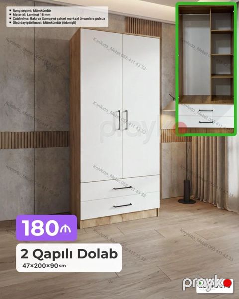 2 qapılı paltar dolabı - Ölçü: 47 200 90 sm - Material: 18 mm — Bakı