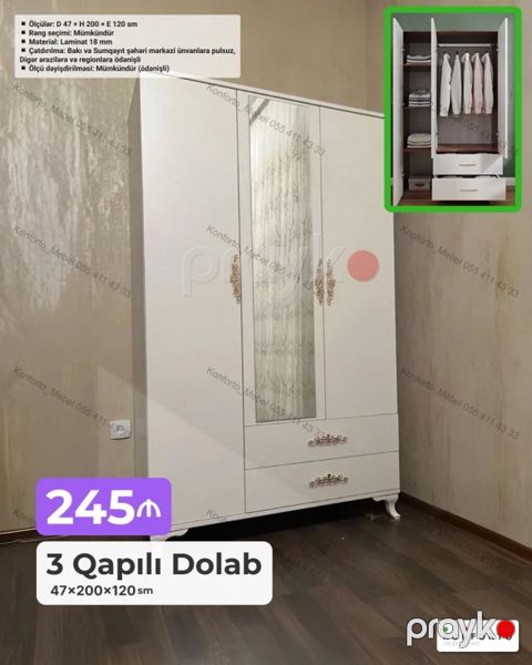 3 qapılı paltar dolabı - Ölçülər: D 47 H 200 E 120 sm (47×200×120 — Bakı