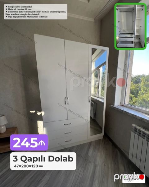 3 qapılı paltar dolabı – 47×200×120 sm - Material: 18 mm laminat — Bakı