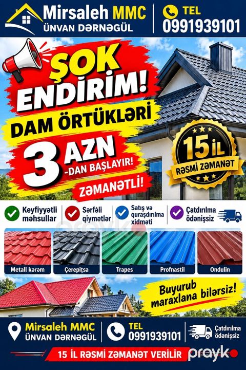 Şifer, Dəmir, Yeni, Ünvandan götürmə, Pulsuz çatdırılma, Rayonlara çatdırılma, Ödənişli quraşdırma, Zəmanətli, Kredit var — Bakı