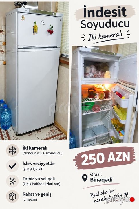 Aynur92 kod5450 Qiymət: 250 AZN Indesit soyuducu satılır İki — Bakı