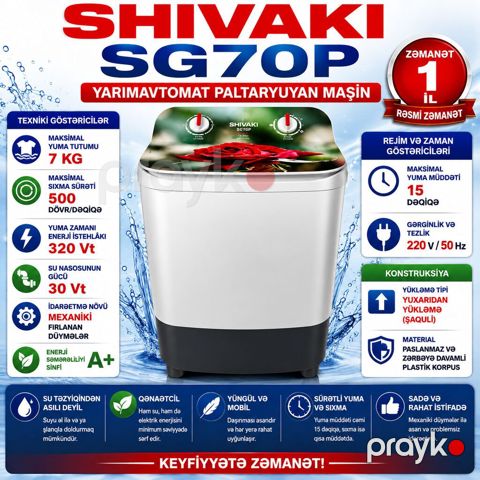 10947 Məhsulun adı: Paltaryuyan maşın Shivaki SG70P, ağ, 7 kq, 1200 — Bakı