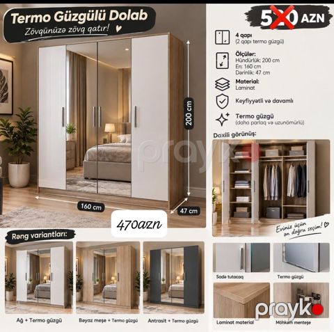 Termo güzgülü dolab - 4 qapı (2 qapı termo güzgülü) - Ölçülər