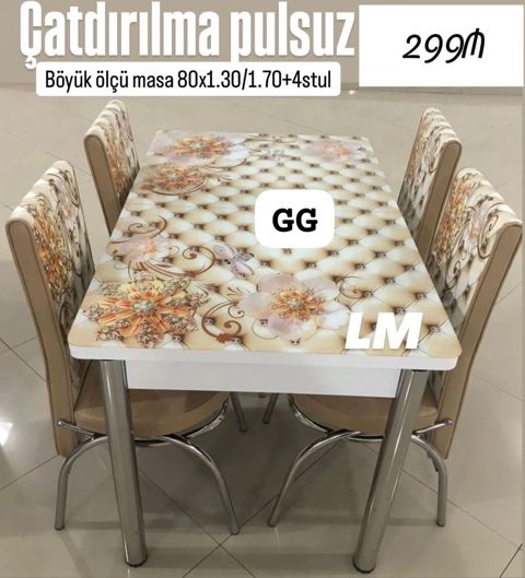 Mətbəx dəsti – böyük ölçülü masa və 4 stul Xüsusiyyətlər: - Masa — ucuz.mebel — Masalar və stullar
