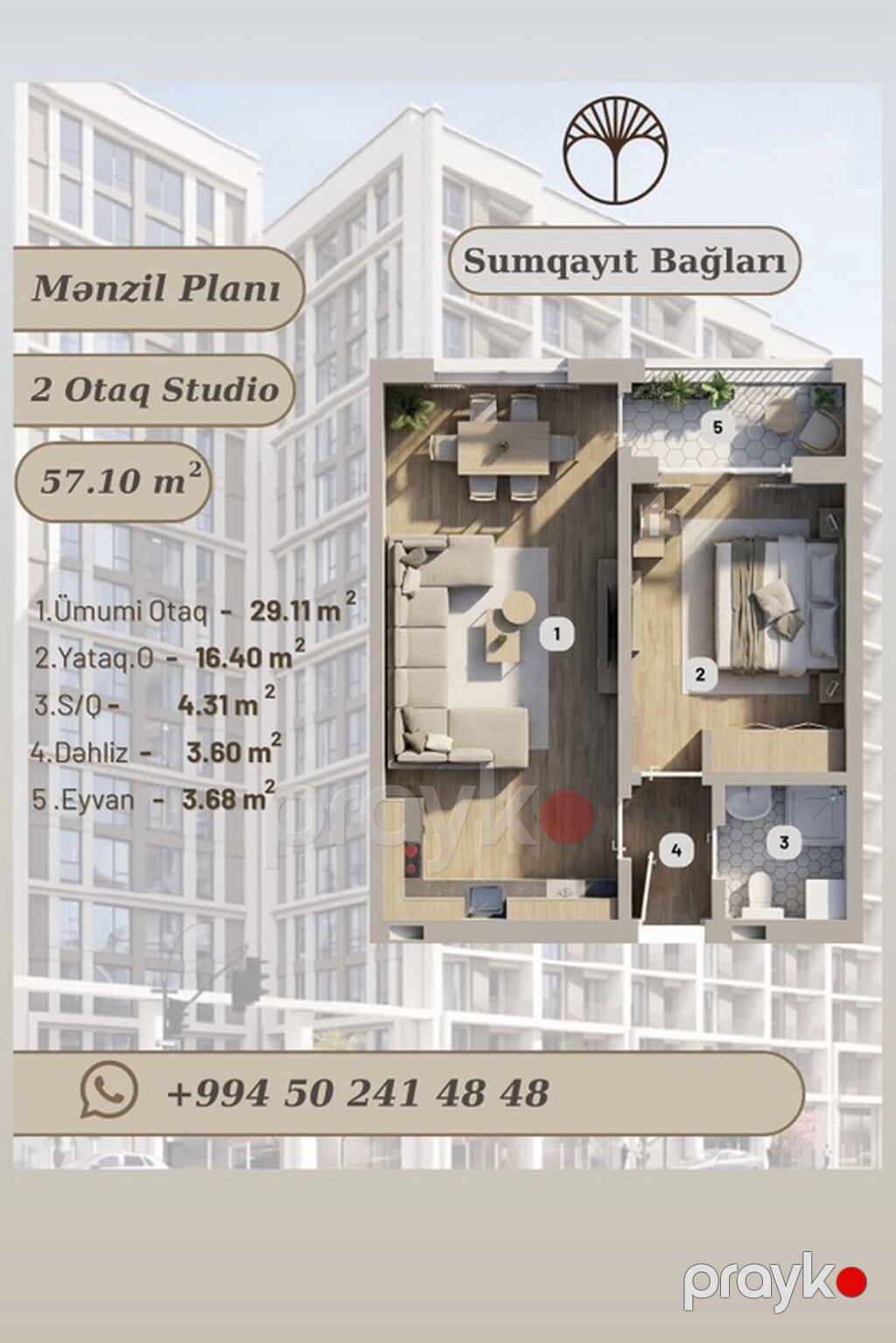 2 otaqlı, Yeni tikili, 57 kv. m — Mənzil, Sumqayıt (3)