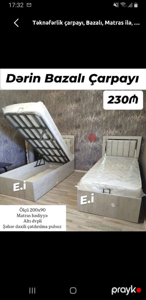 Dərin bazalı tək nəfərlik çarpayı - Ölçü: 200×90 - Bazalı model — Sumqayıt
