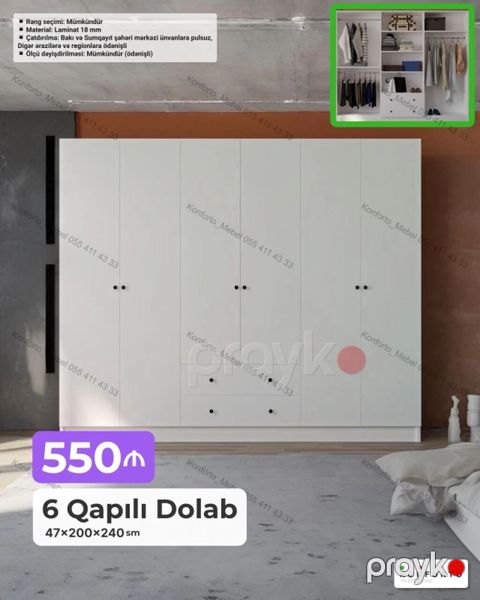 6 qapılı paltar dolabı - Ölçü: 47×200×240 sm - Material: 18 mm — Bakı