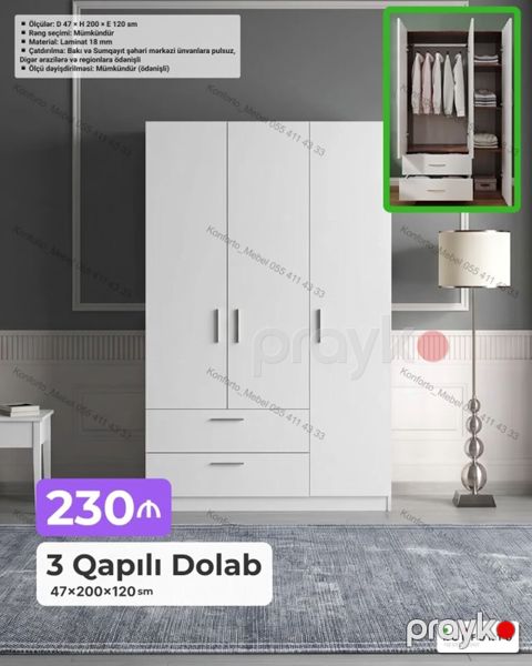 3 qapılı paltar dolabı Ölçülər: 47 200 120 sm Material: 18 mm — Bakı