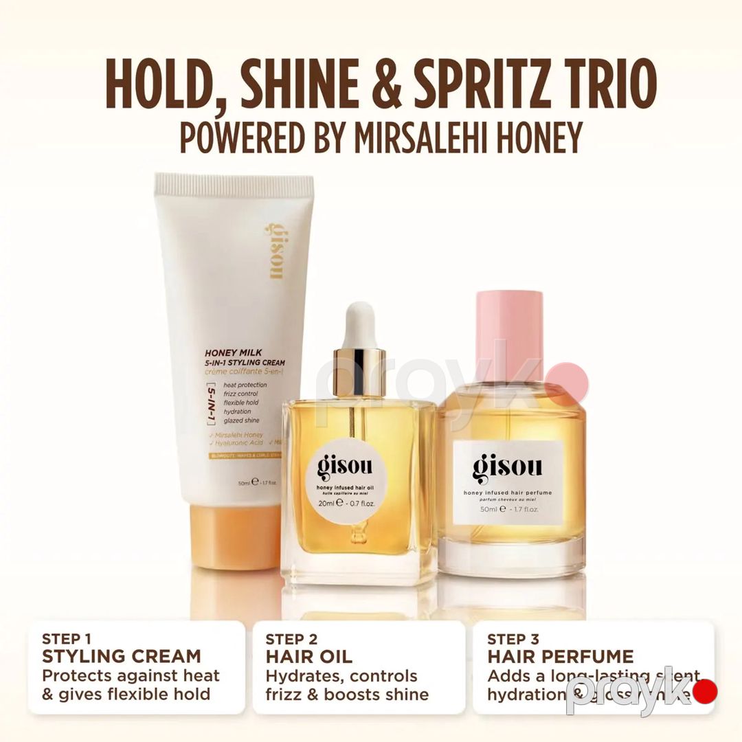 Saç qulluğu üçün dəst Gisou Style Shine Spritz Trio (saç düzümü üçün krem 50 ml + saç yağı 20 ml + saç üçün ətir 50 ml) — Mallar, Bakı (3)