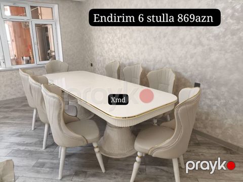 Yemək masası dəsti – 6 stulla Rəng: krem/ivori, qızılı haşiyələr — Sumqayıt