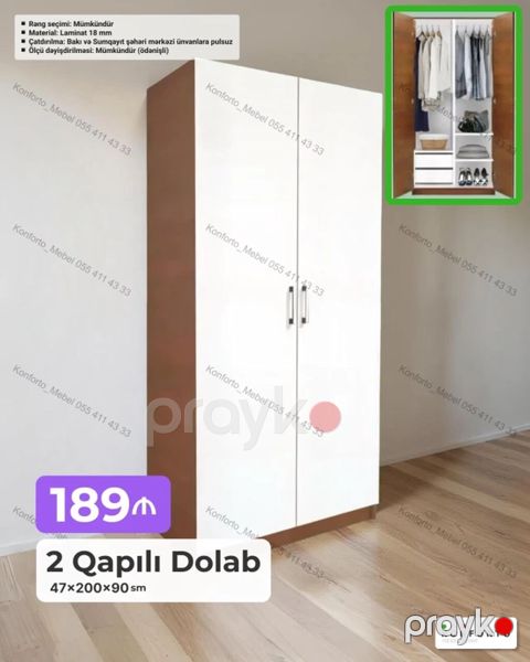 2 qapılı paltar dolabı Ölçü: 47×200×90 sm Material: 18 mm laminat — Bakı
