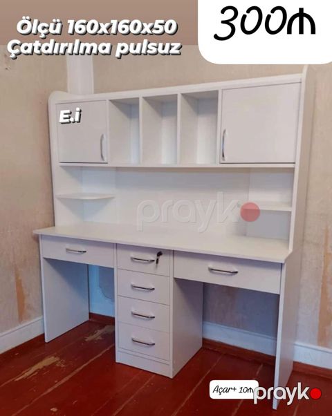Ağ rəngdə funksional iş/stolüstü kitab rəfi olan masa. Xüsusiyyətlər — Bakı