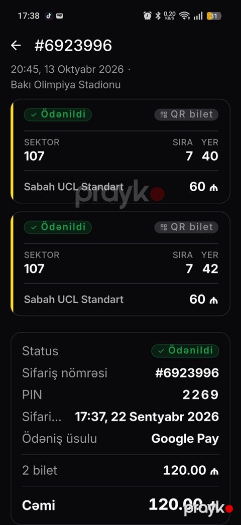 Məhsul: Futbol oyunu üçün rəqəmsal (QR) biletlər Tədbir: Sabah UCL — Bakı
