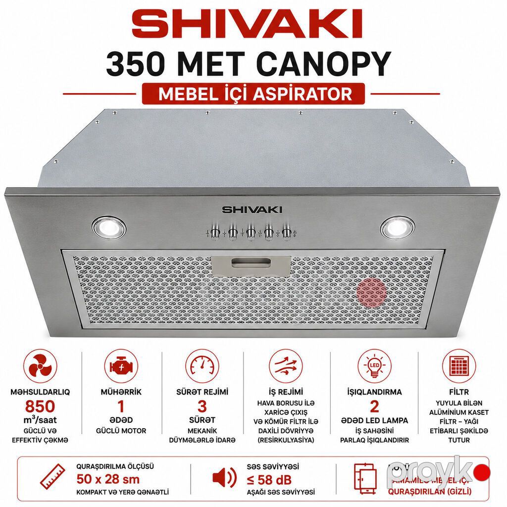 788 Məhsulun adı: Aspirator Shivaki 350, 850 kub. m/saat, gümüşü — Mətbəx cixartma qapıları və aksesuarları, Bakı (2)