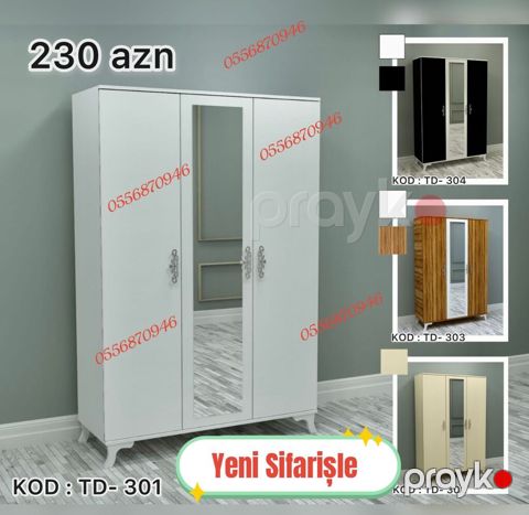 Yeni, 3 qapılı, Güzgülü, Ağ, Açılan, Düz dolab — Bakı