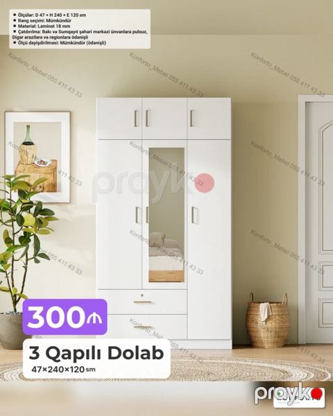 3 qapılı paltar dolabı Ölçülər: 47 240 120 sm Material: 18 — Bakı