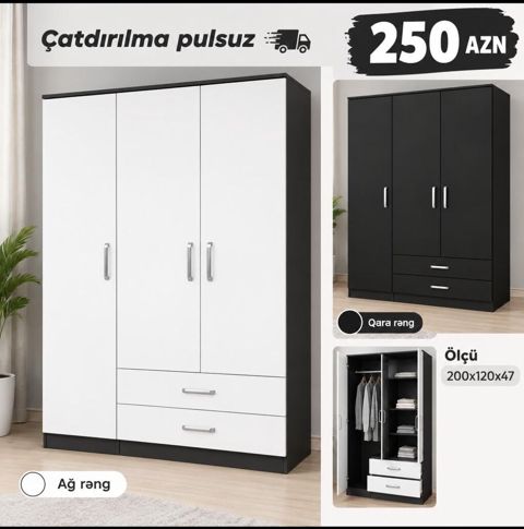 3 qapılı paltar dolabı - Rənglər: Ağ və Qara - Ölçü: 200 x 120 x 47 — Digah
