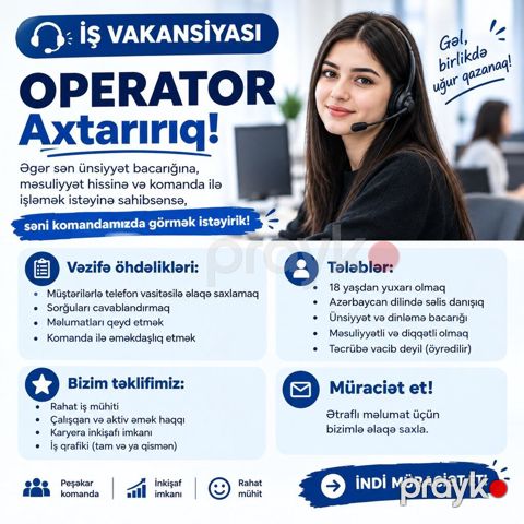 Çağrı mərkəzi operatoru tələb olunur, 18-29 yaş, Təcrübəsiz — Bakı