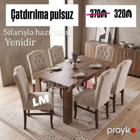 Masa dəsti – Masa + 6 stul Masa (bağlı): 90 1.70 + 6 stul — 320 — Bakı
