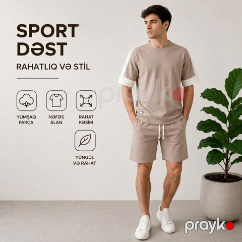 Kişilər üçün şortlu dəst RH-1, bej, poliester/pambıq, ölçü L — Bakı