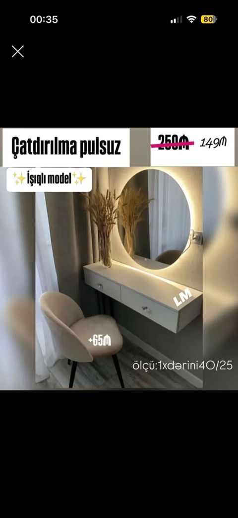 İşıqlı makiyaj masası və dairəvi LED güzgü dəsti - Model: işıqlı (LED — Sumqayıt