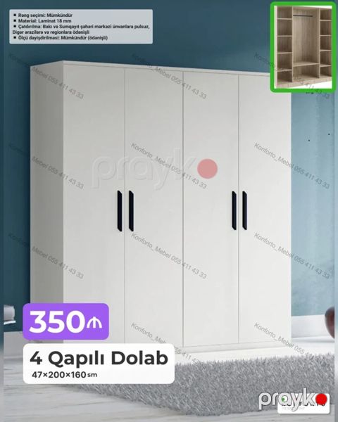 4 qapılı dolab – funksional və zərif dizayn - Ölçü: 47×200×160 sm — Bakı