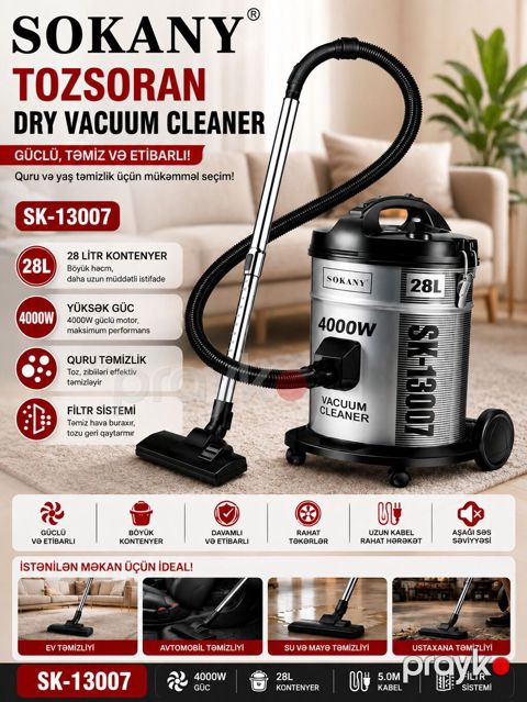 248 Məhsulun adı: Tozsoran Sokany SK-13007 4000 W quru 3.5 l — Bakı