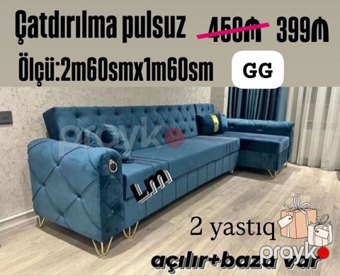 Mavi rəngdə künc divan dəsti - Ölçü: 2 m 60 sm x 1 m 60 sm - Açılır — Bakı
