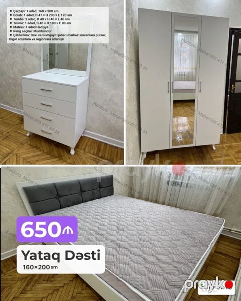 Yataq Dəsti – 160×200 sm Komplekt: - Çarpayı: 1 ədəd, 160×200 sm — Bakı