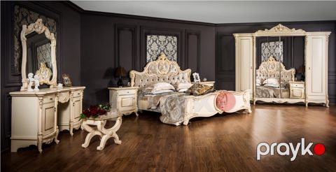 Yataq otağı üçün mebel dəsti Era Mebel Lorena, krem (şkaf 277x54x240 sm, çarpayı 217x212x160 sm, yataq yanı tumba 66x47x73 sm, komod 165x84x84 sm, güzgü 112х117 sm) — Bakı