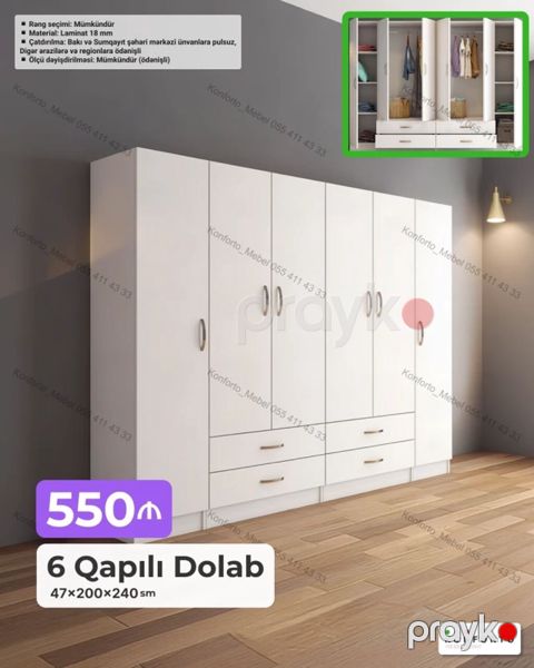 6 qapılı geyim dolabı – 47×200×240 sm - Konstruksiya: 6 qapı — Bakı