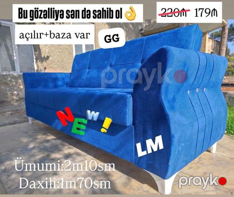 Mavi rəngli yumşaq parça üzlü 3 nəfərlik divan. Xüsusiyyətlər — Bakı