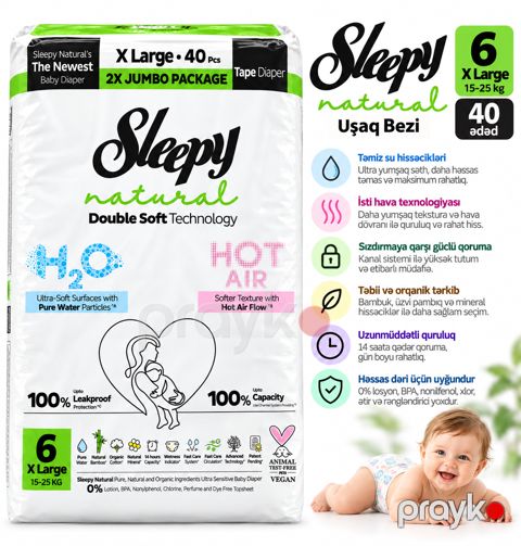 Uşaq bezləri Sleepy Natural6 X Large Double Soft, 15–25 kq, 40 ədəd — Bakı