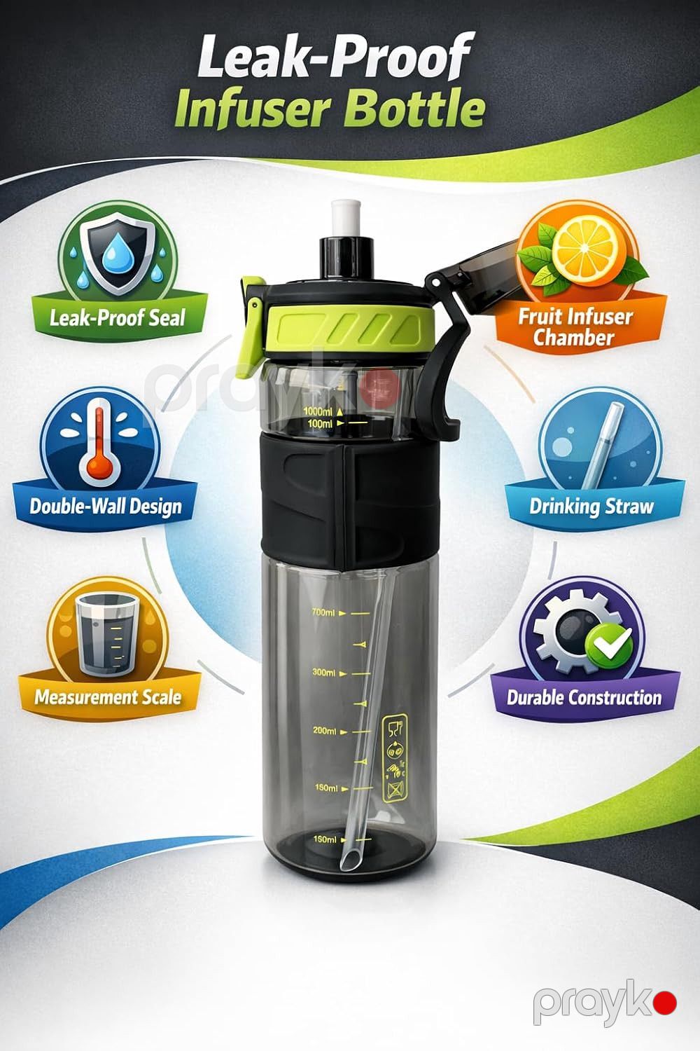 İdman su qabı Eyun Sport, Qida üçün plastik, 1000 ml, Boz — Mallar, Bakı (2)