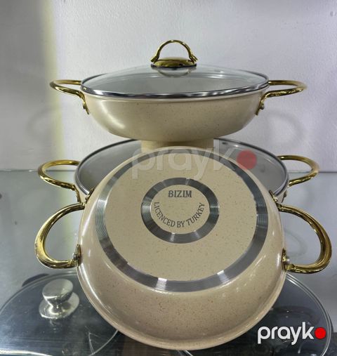 Tava dəsti, 3-lü, granit, yanmaz yapışmaz, qalınlıq 3,5 mm, perçimli gold çelik qulplu, sobada istifadəyə yararlı, krem rəng, ölçülər: 20/24/28 sm - ZTW-AB353 — Bakı