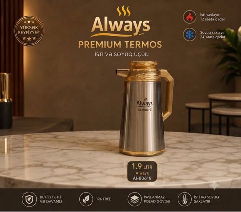 Termos Always 6881, gümüşü/qızılı, paslanmayan polad, 1900 ml — Bakı