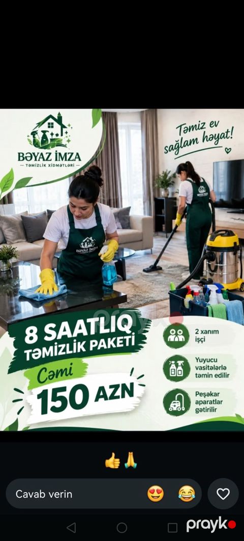 Bəyaz İmza — Təmizlik Xidmətləri Xidmət paketi: - 8 saatlıq təmizlik — Bakı