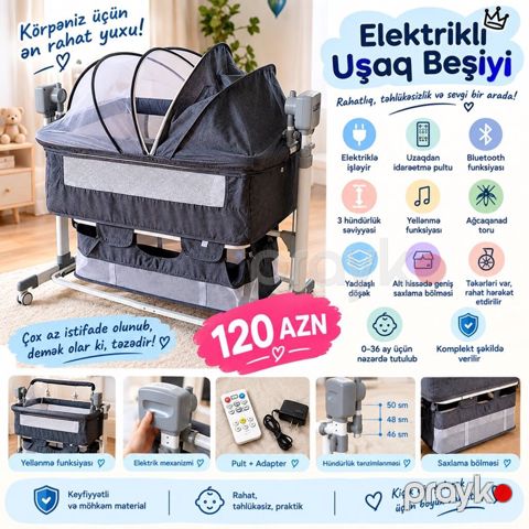 Elektrikli Uşaq Beşiyi – tünd boz rəng - 0–36 ay üçün uyğundur — Bakı