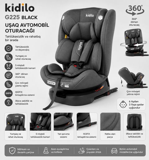 Avtomobil kreslosu Kidilo G225 İsofix, boz, 0+ yaş — Bakı