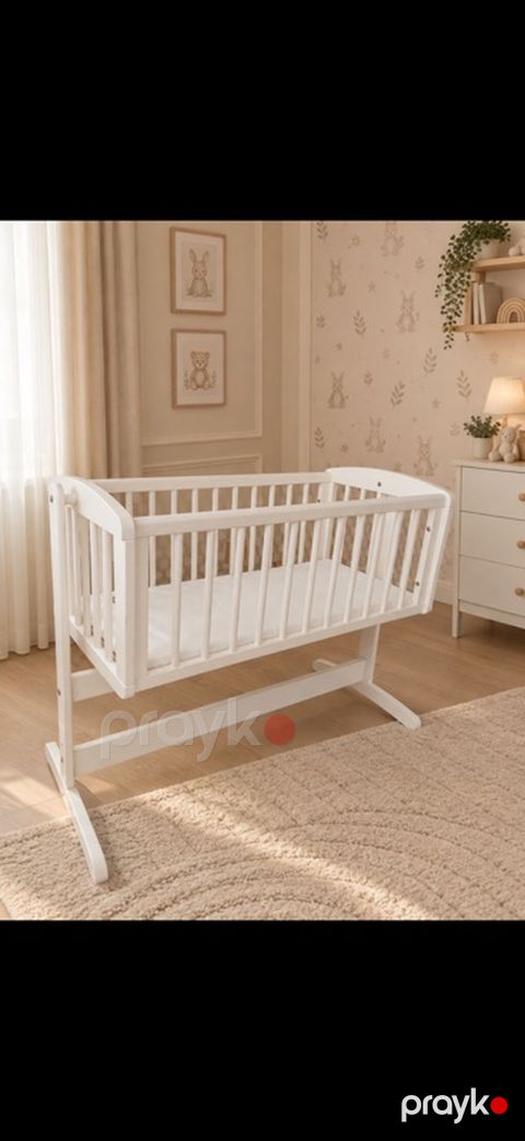 Beşik – taxta yelləncək tipli, ağ rəng - Material: möhkəm massiv ağac — Masazır