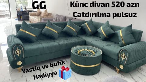 Künc divan dəsti – zümrüd yaşıl, klassik-qızılı dekor detalları və — mebeldivansifarisle — Комплекты мягкой мебели