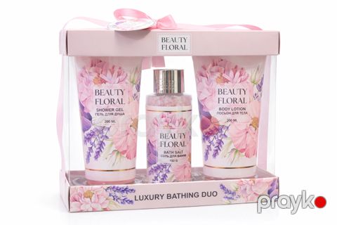 Qadınlar üçün hədiyyə dəsti Beauty Floral (Duş geli 200 ml + Bədən üçün losyon 200 ml + Vanna üçün duz 150 q) — Bakı