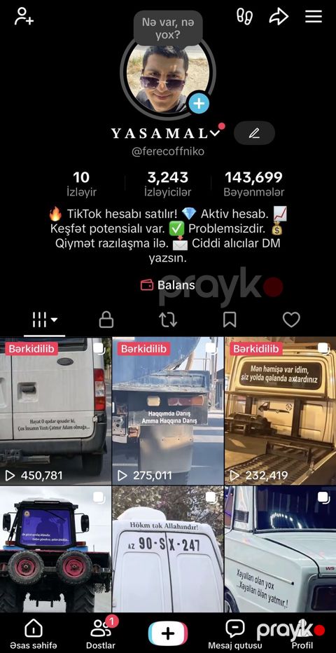 TikTok hesabı satılır 3.2K izləyici, 143K bəyənmə. Aktiv — Masazır