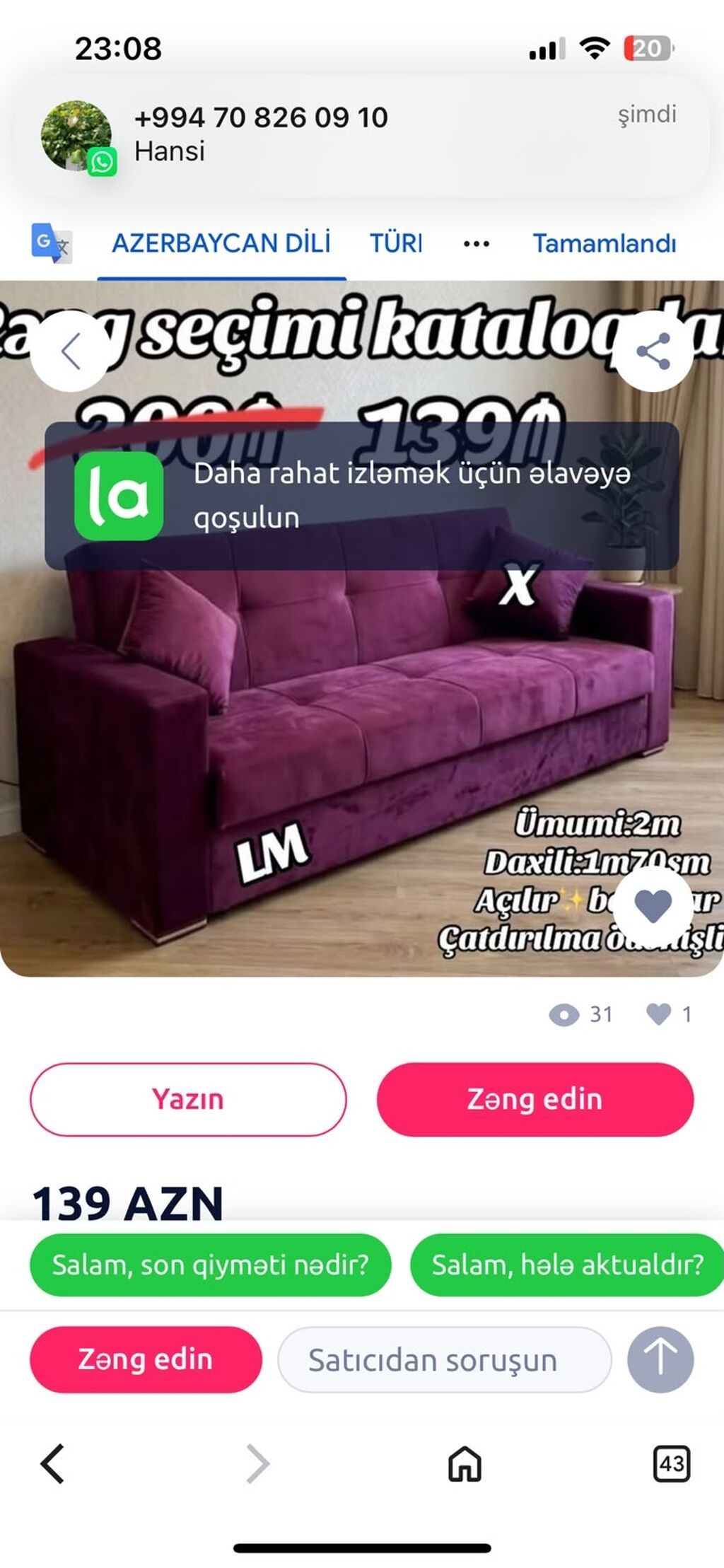 Divan Endirim fürsəti Qiymət: 139₼ - Ümumi ölçü: 2 m - Daxili — Divanlər, Bakı (2)