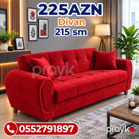 Qırmızı divan – 215 sm - Müasir dizayn: yumşaq, parlaq qırmızı rəng — Bakı